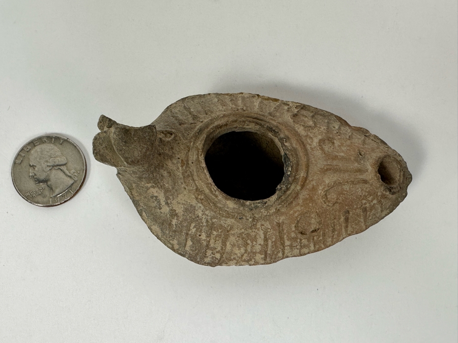 Ancient Biblical Times Clay Oil Lamp Antiquity With Ornate Design 3.5W X 1.75H Estimate $150-$300 [Photo 18]