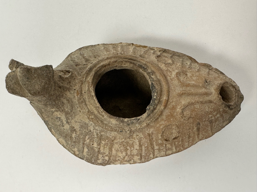 Ancient Biblical Times Clay Oil Lamp Antiquity With Ornate Design 3.5W X 1.75H Estimate $150-$300 [Photo 3]