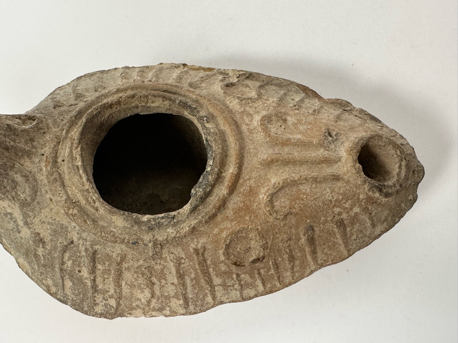 Ancient Biblical Times Clay Oil Lamp Antiquity With Ornate Design 3.5W X 1.75H Estimate $150-$300 [Photo 4]