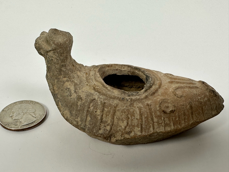 Ancient Biblical Times Clay Oil Lamp Antiquity With Ornate Design 3.5W X 1.75H Estimate $150-$300 [Photo 17]