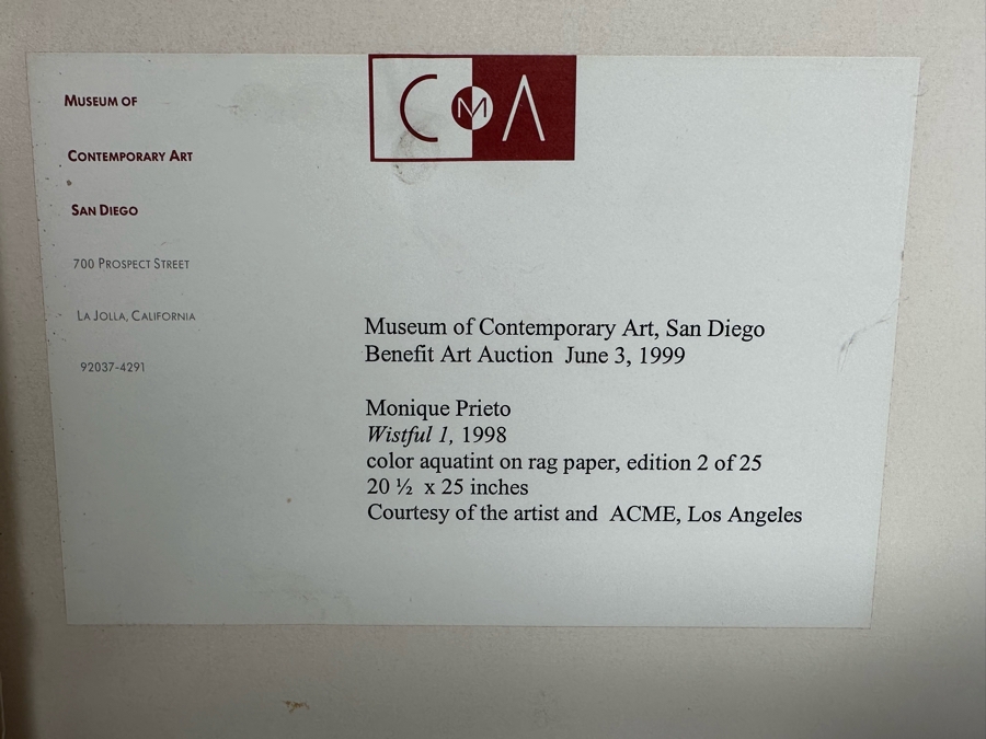 Monique Prieto (b. 1962, Los Angeles) Limited Edition Abstract Color Aquatint On Rag Paper Titled Wistful 1, 1998 Edition 2 Of 25 Pencil Signed By Artist 20 1/2 X 25 Estimate $400-$600 [Photo 14]