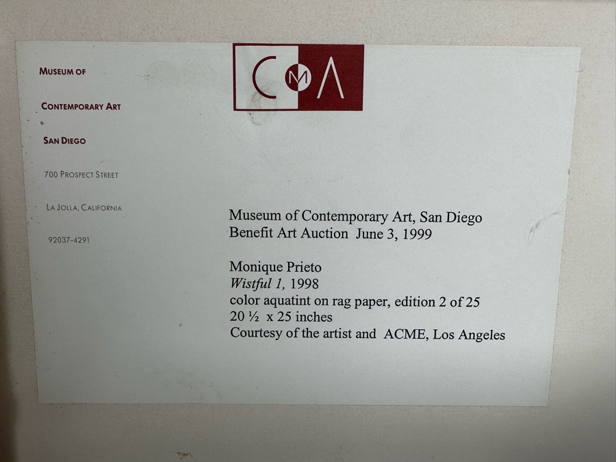 Monique Prieto (b. 1962, Los Angeles) Limited Edition Abstract Color Aquatint On Rag Paper Titled Wistful 1, 1998 Edition 2 Of 25 Pencil Signed By Artist 20 1/2 X 25 Estimate $400-$600 [Photo 15]