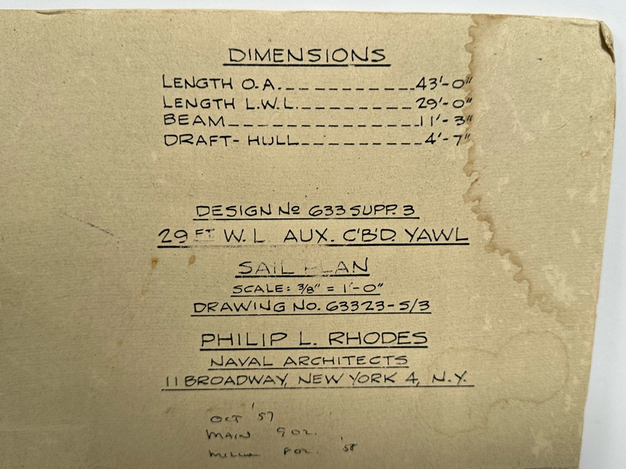 Mid-Century Blueprint Yacht Plans For The Hirondelle Yacht, Henry Chance Which Won Several Yacht Races Designed By Philip L. Rhodes Naval Architects 23 X 23 [Photo 4]