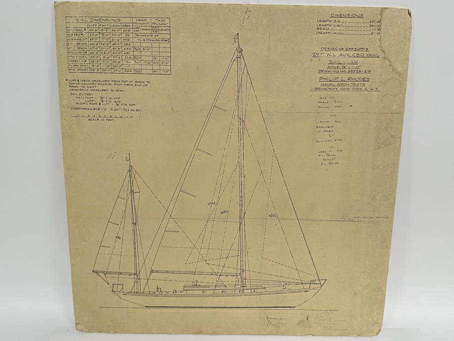 Mid-Century Blueprint Yacht Plans For The Hirondelle Yacht, Henry Chance Which Won Several Yacht Races Designed By Philip L. Rhodes Naval Architects 23 X 23 [Photo 3]