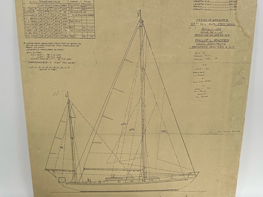 Mid-Century Blueprint Yacht Plans For The Hirondelle Yacht, Henry Chance Which Won Several Yacht Races Designed By Philip L. Rhodes Naval Architects 23 X 23 [Photo 7]