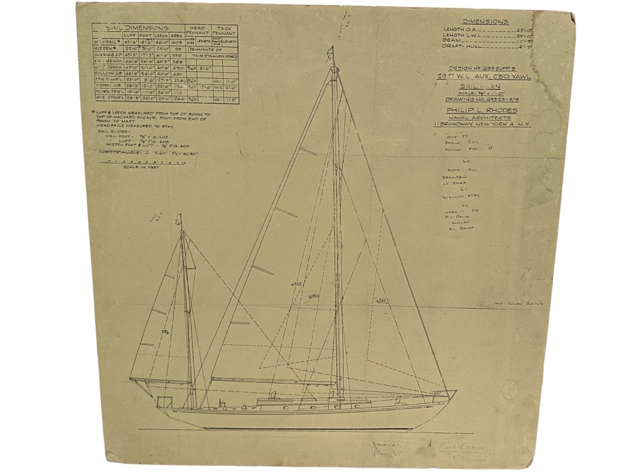 Mid-Century Blueprint Yacht Plans For The Hirondelle Yacht, Henry Chance Which Won Several Yacht Races Designed By Philip L. Rhodes Naval Architects 23 X 23