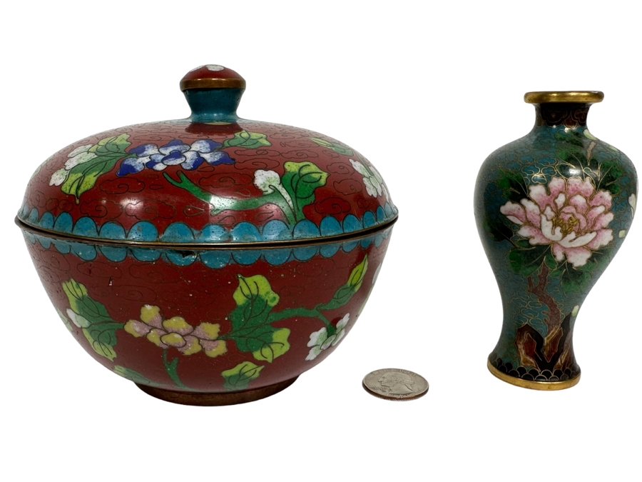 Chinese Cloisonne Lidded Jar 5W X 4.5H And Bud Vase 4H [Photo 1]