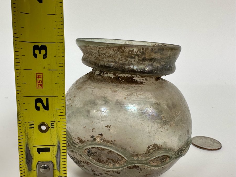 Ancient Roman Iridescent Glass Vessel Recovered Artifact 3.5W X 3H [Photo 13]