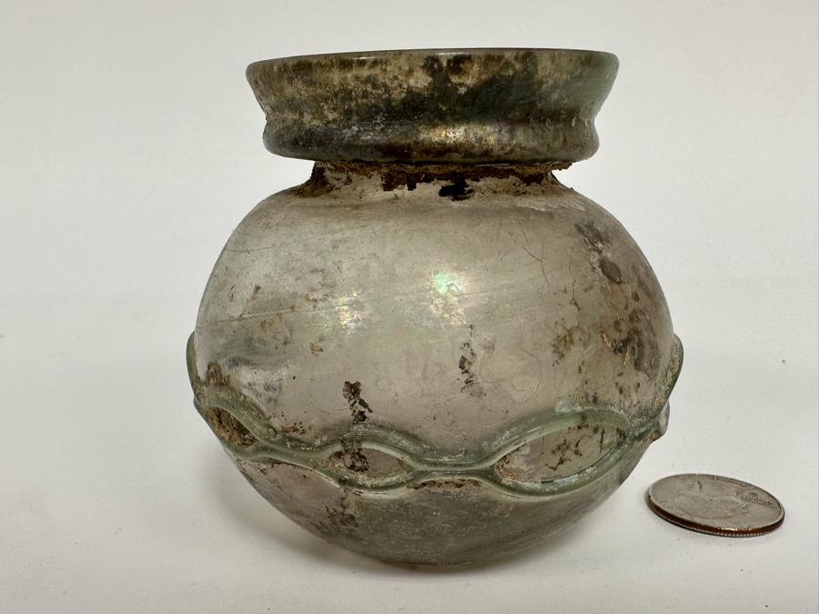 Ancient Roman Iridescent Glass Vessel Recovered Artifact 3.5W X 3H [Photo 7]