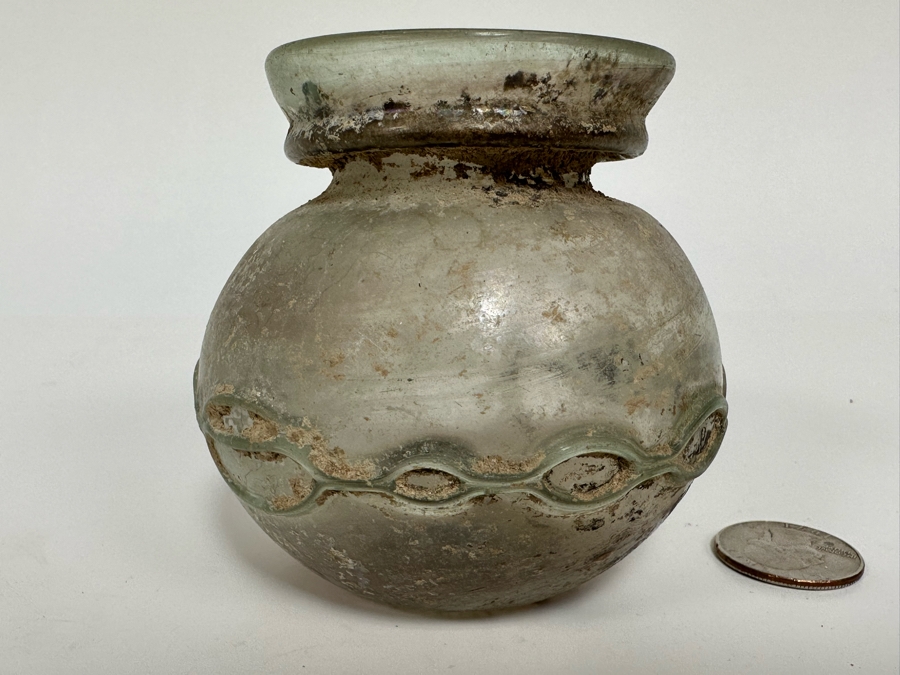 Ancient Roman Iridescent Glass Vessel Recovered Artifact 3.5W X 3H [Photo 5]