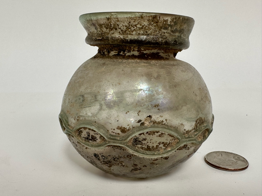 Ancient Roman Iridescent Glass Vessel Recovered Artifact 3.5W X 3H [Photo 6]