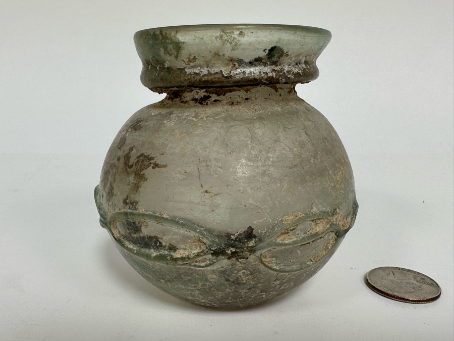 Ancient Roman Iridescent Glass Vessel Recovered Artifact 3.5W X 3H [Photo 2]