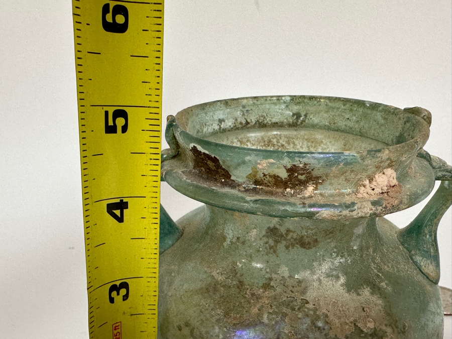 Ancient Roman Iridescent Glass Vessel Recovered Artifact 4.5W X 5H [Photo 14]