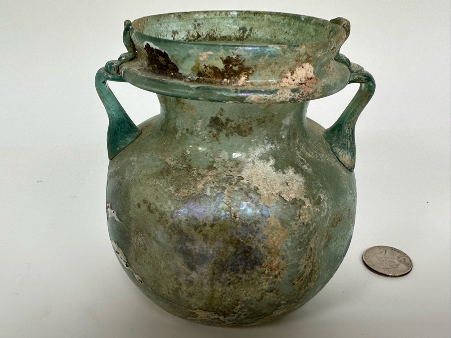 Ancient Roman Iridescent Glass Vessel Recovered Artifact 4.5W X 5H [Photo 2]