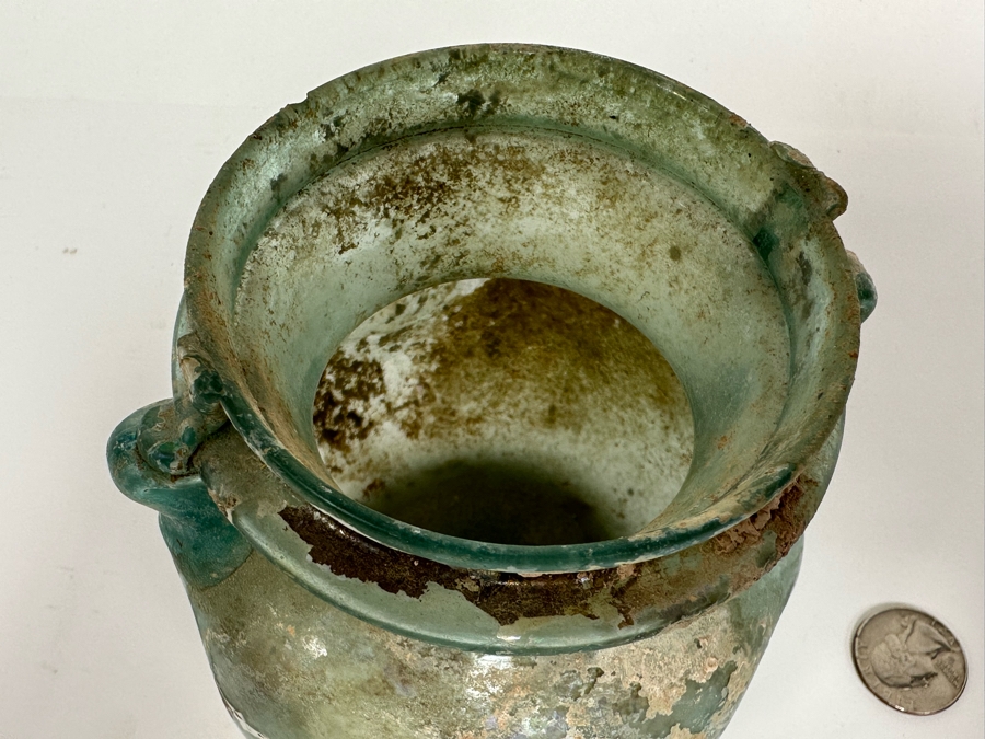 Ancient Roman Iridescent Glass Vessel Recovered Artifact 4.5W X 5H [Photo 10]