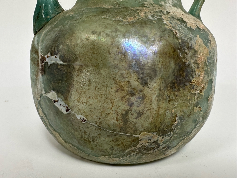 Ancient Roman Iridescent Glass Vessel Recovered Artifact 4.5W X 5H [Photo 9]