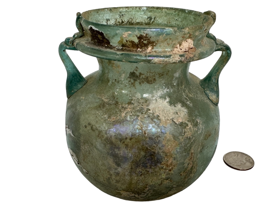 Ancient Roman Iridescent Glass Vessel Recovered Artifact 4.5W X 5H [Photo 1]