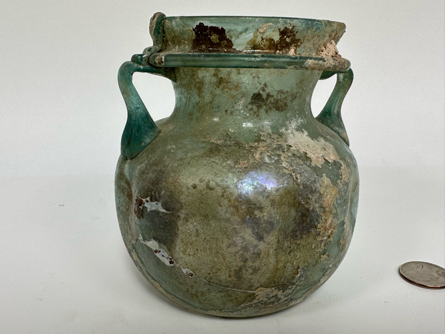 Ancient Roman Iridescent Glass Vessel Recovered Artifact 4.5W X 5H [Photo 8]