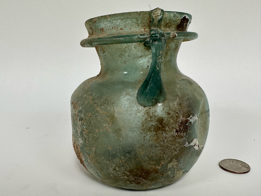 Ancient Roman Iridescent Glass Vessel Recovered Artifact 4.5W X 5H [Photo 7]