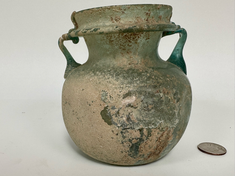 Ancient Roman Iridescent Glass Vessel Recovered Artifact 4.5W X 5H [Photo 6]