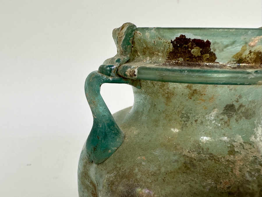 Ancient Roman Iridescent Glass Vessel Recovered Artifact 4.5W X 5H [Photo 12]