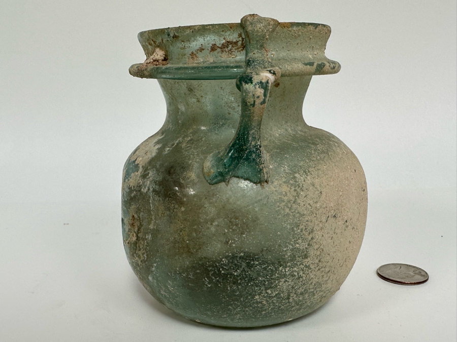 Ancient Roman Iridescent Glass Vessel Recovered Artifact 4.5W X 5H [Photo 5]