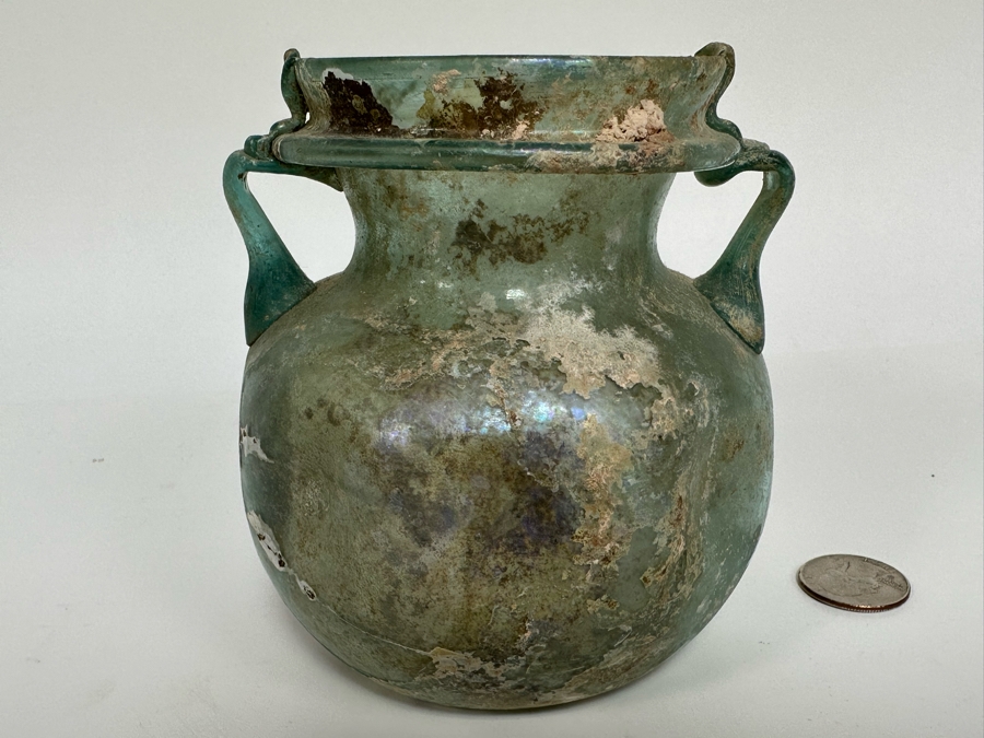 Ancient Roman Iridescent Glass Vessel Recovered Artifact 4.5W X 5H [Photo 3]