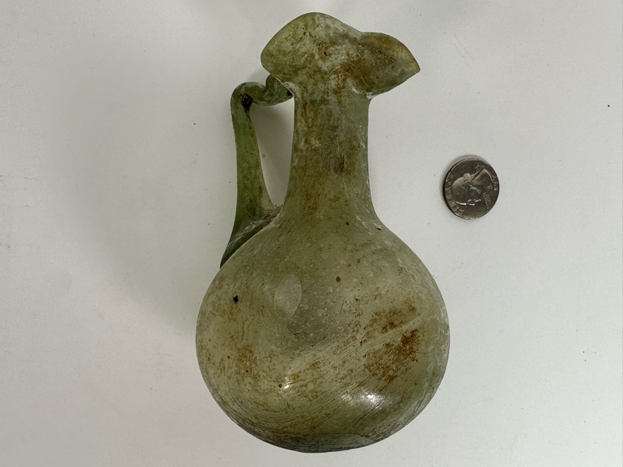 Ancient Roman Iridescent Glass Vessel Pitcher With Handle Recovered Artifact 3.5W X 5H [Photo 6]