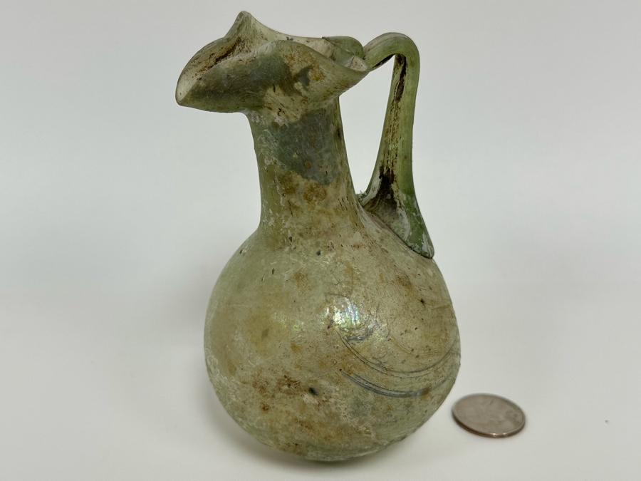 Ancient Roman Iridescent Glass Vessel Pitcher With Handle Recovered Artifact 3.5W X 5H [Photo 4]