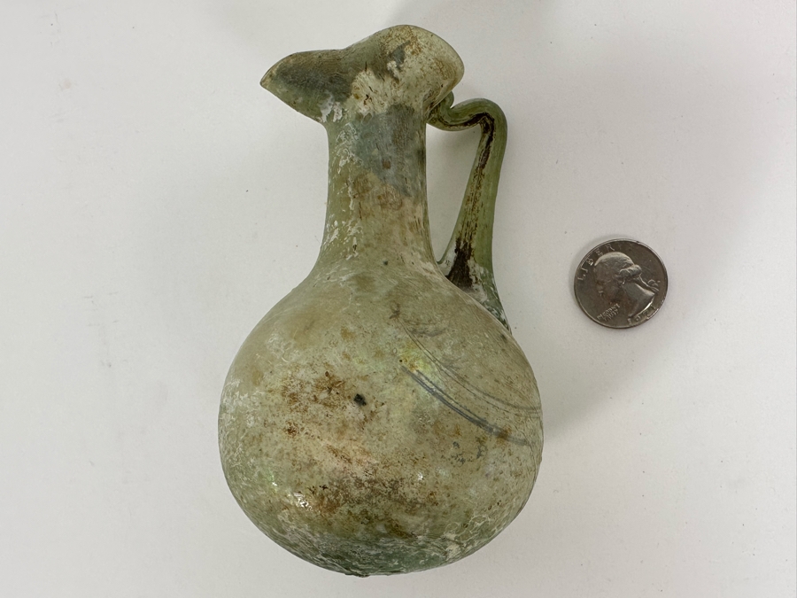 Ancient Roman Iridescent Glass Vessel Pitcher With Handle Recovered Artifact 3.5W X 5H [Photo 9]