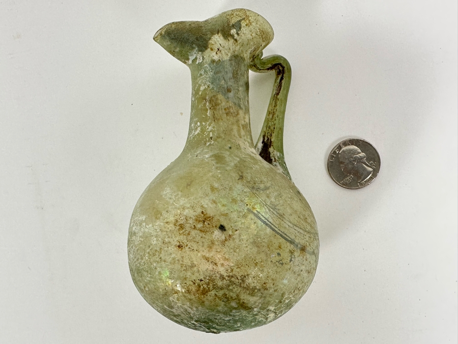 Ancient Roman Iridescent Glass Vessel Pitcher With Handle Recovered Artifact 3.5W X 5H [Photo 8]