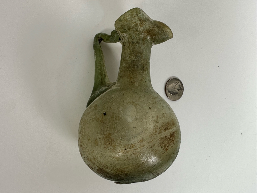 Ancient Roman Iridescent Glass Vessel Pitcher With Handle Recovered Artifact 3.5W X 5H [Photo 7]