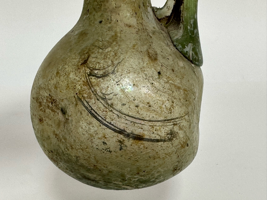 Ancient Roman Iridescent Glass Vessel Pitcher With Handle Recovered Artifact 3.5W X 5H [Photo 13]