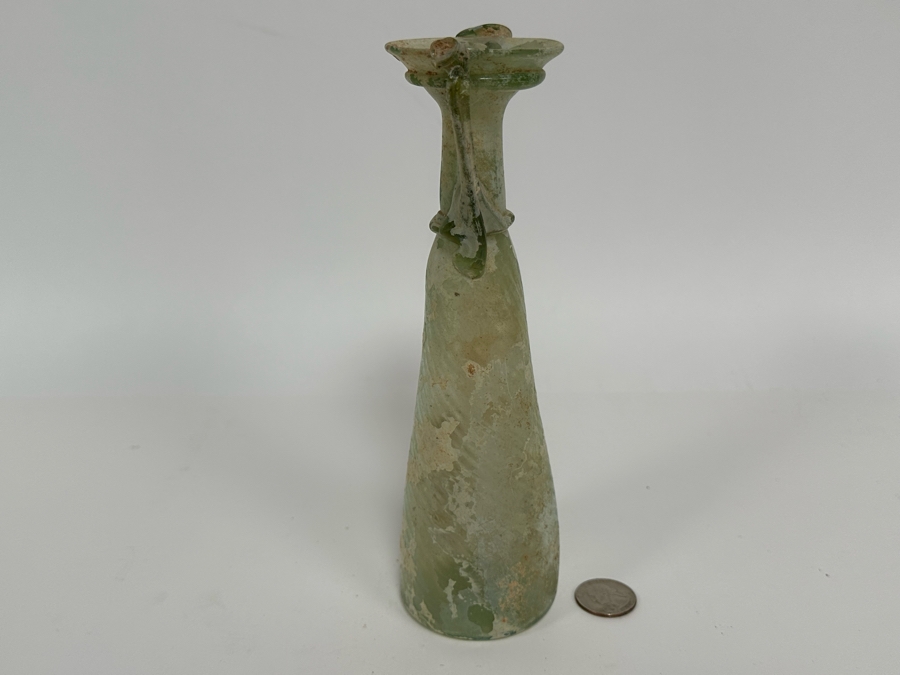 Ancient Roman Iridescent Glass Vessel Double Handle Bottle Recovered Artifact 8.5H [Photo 9]