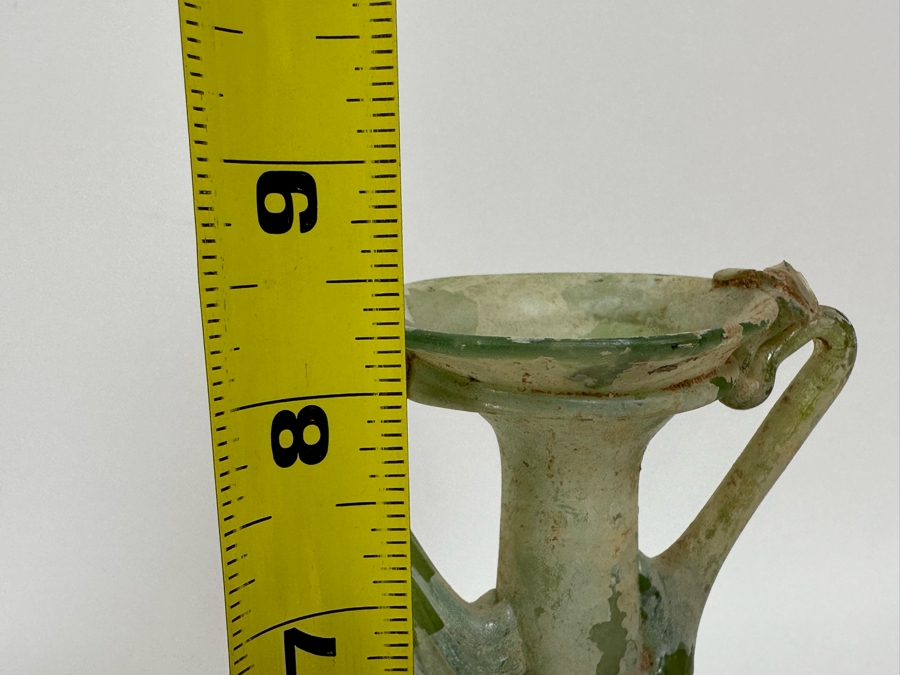 Ancient Roman Iridescent Glass Vessel Double Handle Bottle Recovered Artifact 8.5H [Photo 14]