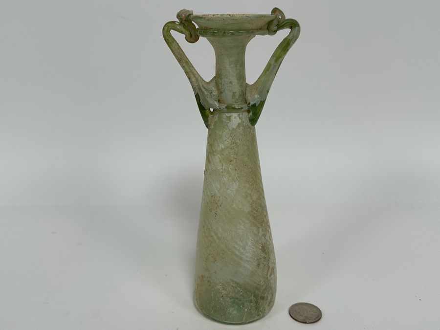 Ancient Roman Iridescent Glass Vessel Double Handle Bottle Recovered Artifact 8.5H [Photo 3]