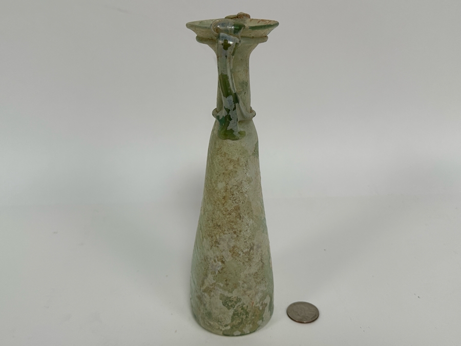 Ancient Roman Iridescent Glass Vessel Double Handle Bottle Recovered Artifact 8.5H [Photo 12]