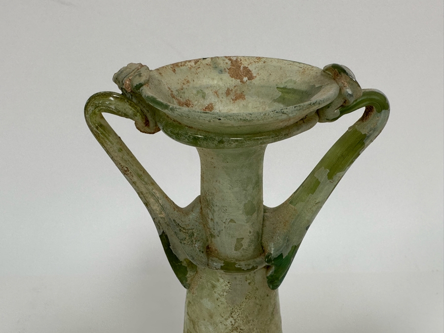 Ancient Roman Iridescent Glass Vessel Double Handle Bottle Recovered Artifact 8.5H [Photo 4]