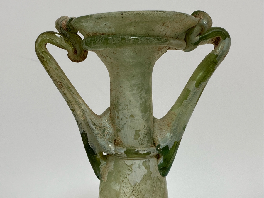 Ancient Roman Iridescent Glass Vessel Double Handle Bottle Recovered Artifact 8.5H [Photo 5]