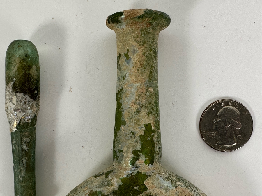 Ancient Roman Iridescent Glass Flat-Bodied Bottle With Stopper Flask Perfume Bottle Recovered Artifact 1-100AD Bottle Is 3.25W X 6H, Stopper 3L [Photo 5]