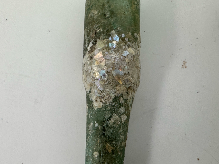 Ancient Roman Iridescent Glass Flat-Bodied Bottle With Stopper Flask Perfume Bottle Recovered Artifact 1-100AD Bottle Is 3.25W X 6H, Stopper 3L [Photo 15]