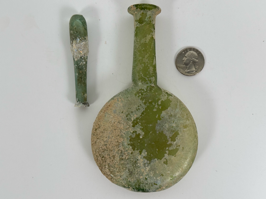 Ancient Roman Iridescent Glass Flat-Bodied Bottle With Stopper Flask Perfume Bottle Recovered Artifact 1-100AD Bottle Is 3.25W X 6H, Stopper 3L [Photo 9]
