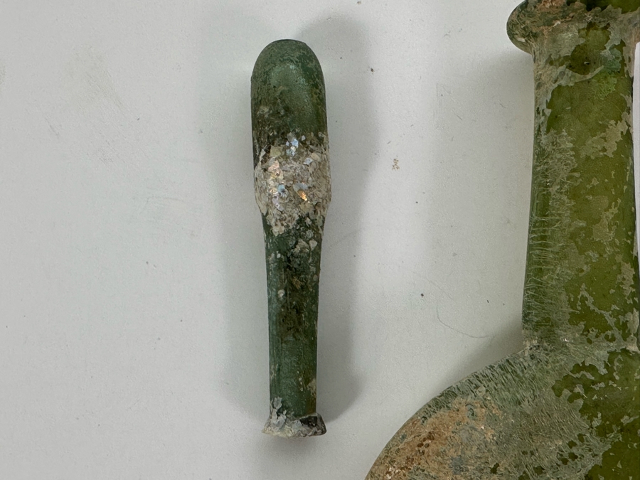 Ancient Roman Iridescent Glass Flat-Bodied Bottle With Stopper Flask Perfume Bottle Recovered Artifact 1-100AD Bottle Is 3.25W X 6H, Stopper 3L [Photo 14]