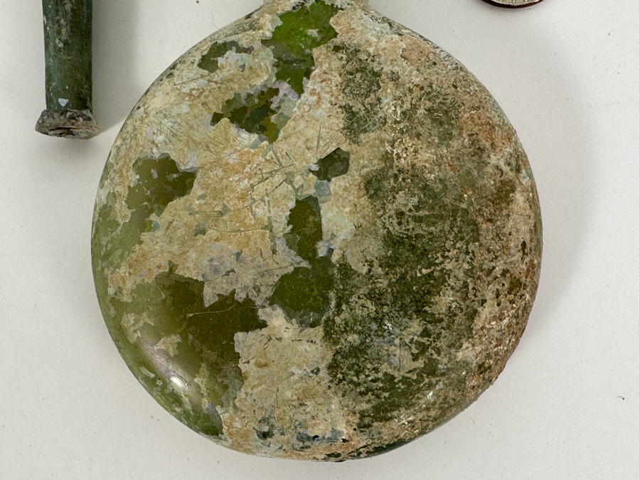 Ancient Roman Iridescent Glass Flat-Bodied Bottle With Stopper Flask Perfume Bottle Recovered Artifact 1-100AD Bottle Is 3.25W X 6H, Stopper 3L [Photo 4]