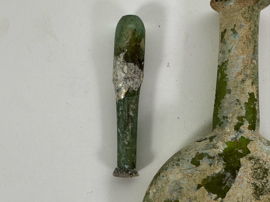 Ancient Roman Iridescent Glass Flat-Bodied Bottle With Stopper Flask Perfume Bottle Recovered Artifact 1-100AD Bottle Is 3.25W X 6H, Stopper 3L [Photo 6]