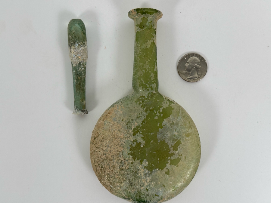 Ancient Roman Iridescent Glass Flat-Bodied Bottle With Stopper Flask Perfume Bottle Recovered Artifact 1-100AD Bottle Is 3.25W X 6H, Stopper 3L [Photo 8]