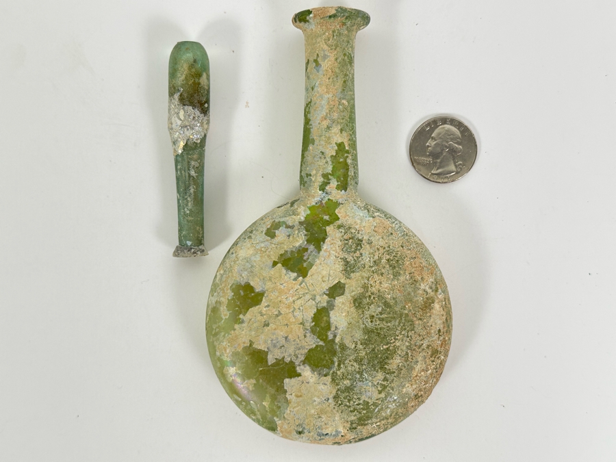 Ancient Roman Iridescent Glass Flat-Bodied Bottle With Stopper Flask Perfume Bottle Recovered Artifact 1-100AD Bottle Is 3.25W X 6H, Stopper 3L [Photo 2]