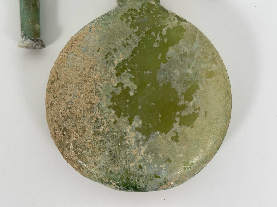 Ancient Roman Iridescent Glass Flat-Bodied Bottle With Stopper Flask Perfume Bottle Recovered Artifact 1-100AD Bottle Is 3.25W X 6H, Stopper 3L [Photo 10]