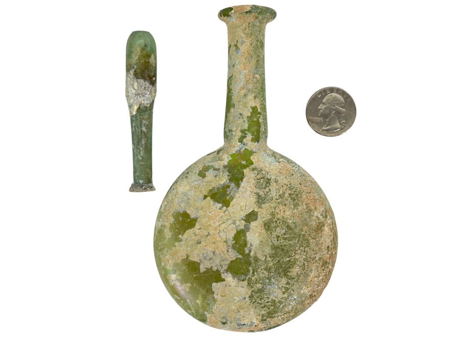 Ancient Roman Iridescent Glass Flat-Bodied Bottle With Stopper Flask Perfume Bottle Recovered Artifact 1-100AD Bottle Is 3.25W X 6H, Stopper 3L