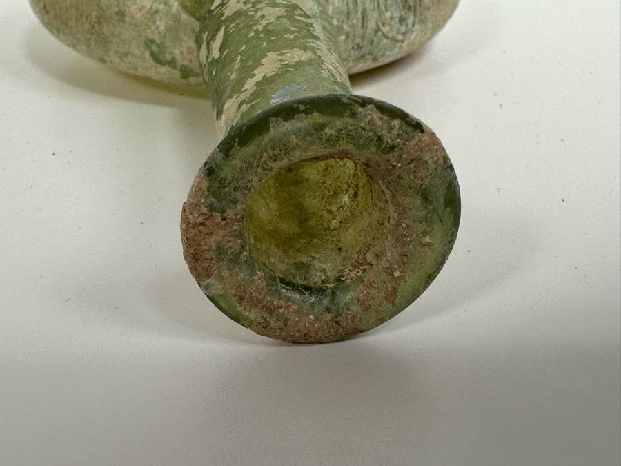 Ancient Roman Iridescent Glass Flat-Bodied Bottle With Stopper Flask Perfume Bottle Recovered Artifact 1-100AD Bottle Is 3.25W X 6H, Stopper 3L [Photo 18]